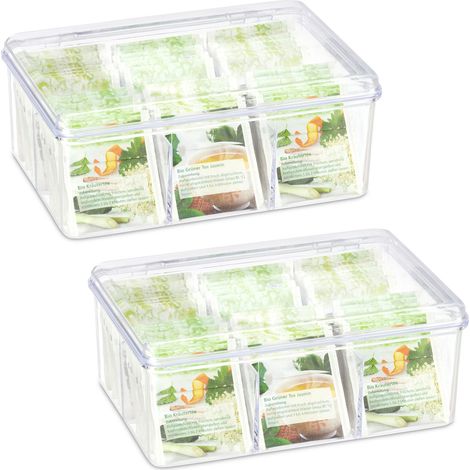 2 Cajas para Té e Infusiones, 6 Compartimentos, Bote Para 90 Bolsitas, Tapa Abatible, 9 x 21,5 x 14,5 cm, Transparente