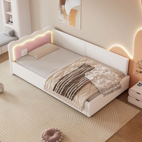 Tagesbett 90×200 cm, Einzelbett mit LED Verstellbar, Kopfteil Colour-Blocking, ohne Matratze, aus Samt, Weiß (1/5)