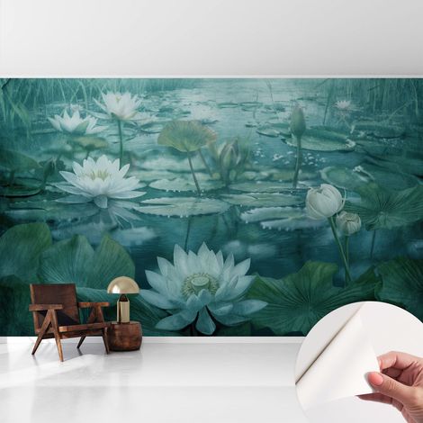 Papier peint adhésif avec colle pour décoration moderne de salon chambre à coucher cuisine et bureau Facile Fleurs aquatiques 416x254 cm (1/5)