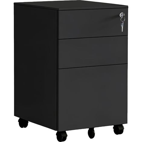 Relaxdays Cajonera con ruedas, 3 cajones, 60 x 39 x 52 cm, cerradura, archivador metálico, negro