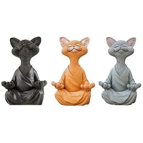 Set mit 3 meditierenden Katzenstatuen – Glücklicher Buddha in Katzenform – Zen-Katzenstatue für Meditation oder Yoga (1/4)