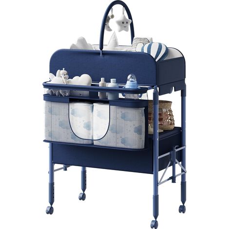 Table à Langer Bébé Pliante, 2 Tiroirs, 4 Hauteurs Réglables, 4 Roulettes Verrouillables, Ceinture De Sécurité, Matelas Imperméable, Mesure De La Hauteur, Bleu (1/5)