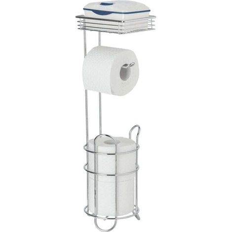 Serviteur WC 3en1 Rack , Dérouleur papier toilette sur pied avec étagère de rangement et range papier toilette, Métal, 15x18x59cm, argent chromé (1/4)
