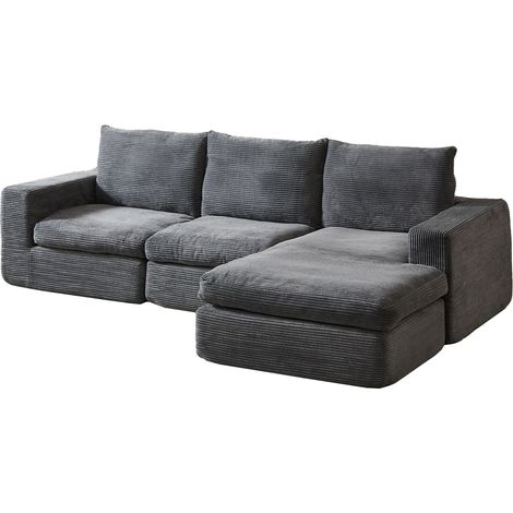 Canapé d’angle en velours côtelé gris foncé avec chaise modulable, trois coussins de nuque et confort moelleux pour salon et chambre - CHICFURN (1/5)