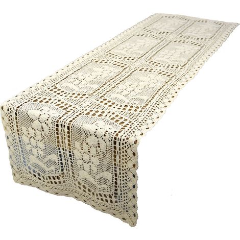 Beige Häkeltischläufer 40/160 Naturfarbenes Boho-Deckchen für Couchtisch, Kommode