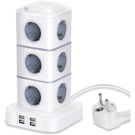 Tour Multiprise, 12 Prises Multiprise Electrique (2500W / 10A) avec 4 Ports USB, Multi Prises électriques Parafoudre Multiprise Verticale pour Maison Bureau, Rallonge 3M (1/5)