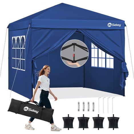 Sekey Pavillon 3 x 3 m mit 4 Seitenteile, Faltpavillon Pop Up Pavillon Faltbar - mit 7 Sandsäcke - Wasserdicht Stabil Winterfest, Navy