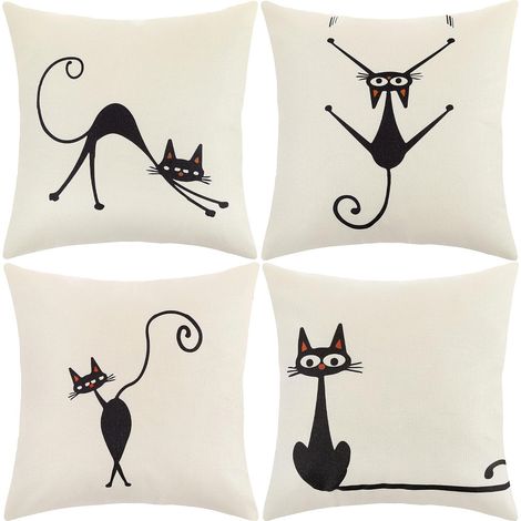 Cushion Cover, Cushion Cover 45x45 Pillowcase Set of 4 Decorative Cushion Covers Flowers Sea Life Tropical Plant Pattern for Living Room Sofa Chair (Cat-Cotton Linen) (1/5)