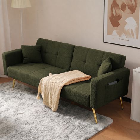 Canapé convertible 2 places 175x64x72 cm, canapé-lit inclinable 105-180°, 2 coussins, poches latérales, tissu sherpa vert, pieds dorés (1/5)