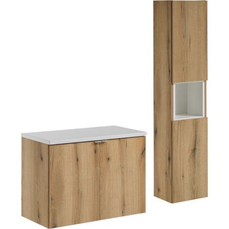 Set da bagno VANO effetto rovere e bianco 110cm: mobili sotto lavabo con ante + piano per lavabo + colonna