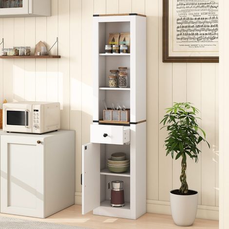 Armoire de Salle de Bain Haute avec Porte Meuble de Rangement Étroite et Mince avec Tiroir et Étagère Réglable Meuble au Sol Blanc (1/3)