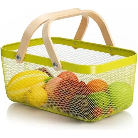 Cesto sospeso multifunzionale in metallo con manico in legno, ideale per conservare frutta in cucina, bagno, armadio e orto - Crezuo