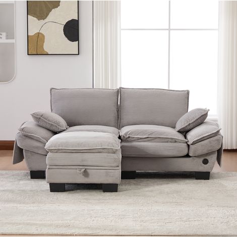 Canapé 2 places 190x132x84 cm en tissu côtelé gris clair avec pouf, pour petit salon – MEUBLIV (1/5)