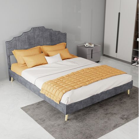 Letto in tessuto e metallo grigio 140x200 cm con testiera geometrica e rete a doghe (1/5)