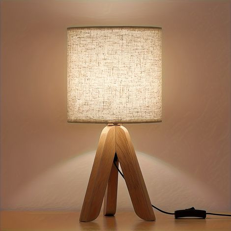 Petite lampe de chevet, trépied en bois, lampe de chevet pour chambre à coucher, alimentée par USB avec abat-jour en tissu (1/5)
