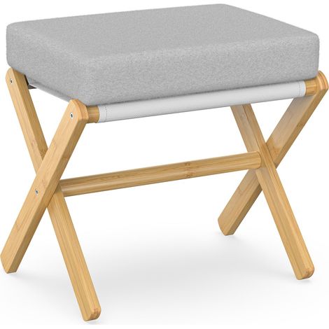 Tabouret de Maquillage Pliable avec Pieds en X en Bambou, Repose-Pieds Ottoman, Tabouret Moderne Petit rembourré pour Salle de Maquillage, Chambre à Coucher, Salon (Naturel - Gris) (1/5)