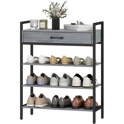 Meuble à chaussures 4 niveaux gris avec tiroir, étagères ouvertes pour 9 paires, panneau de particules et métal, idéal pour l'entrée ou le couloir, CHICFURN (1/5)