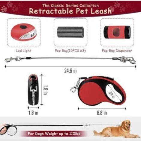 [NIEMALS VERWENDET] Einziehbare Hundeleine 8 m/26 Fuß für mittelgroße/große Hunde bis zu 50 kg/110 lbs – robuste ausziehbare Hundeleine mit kaufestem Kabel, LED-Licht, Kotbeutelspender, Ein
