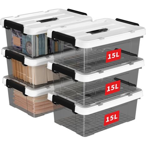 15L6 Boîte de Rangement, Bac de rangement avec Poignée, Plastique Organisateur avec Couvercle, Empilable, Transportable, pour Vêtements, Bureau, Dortoirs, Transparent Noir, 15L - Lot de 6 (1/5)