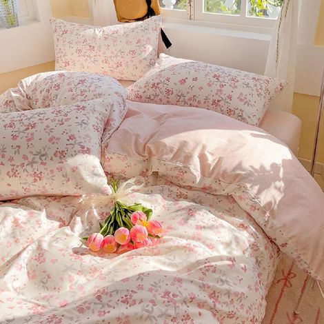 Housse de Couette 220x240 Rose Feuilles Floral et 2 Taies d'oreiller 65x65 (1/5)