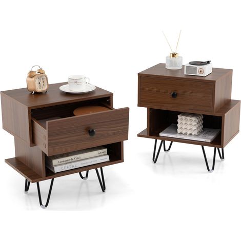 COSTWAY Nightstand Set of 2 Mid Century Modern End Tables with Drawer-Walnut (1/5)