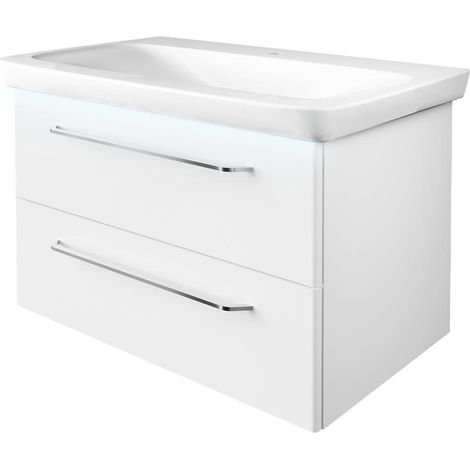Fackelmann MILANO Badmöbel Set 3 Teile – Waschbecken aus Keramik mit Unterschrank in Weiß – Waschbeckenunterschrank mit Schubladen und Waschbeckenbeleuchtung – 88 cm breit"-"06326145 (1/5)