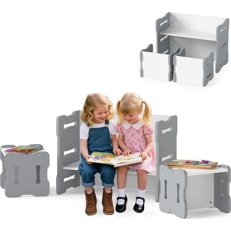 COSTWAY Set Tavolo e Sedia per Bambini, Set 3 Pezzi per Bambini con 2 Sgabelli e Tavolo Attività, Angoli Arrotondati e Maniglia, Mobili Multifunzionali per Casa, Scuola e Asilo (Grigio) (1/5)