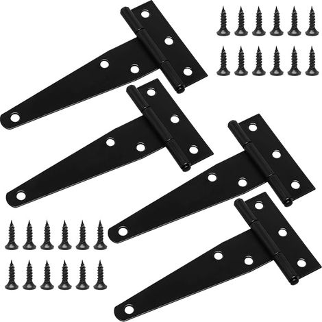 Juego de 4 bisagras de puerta en forma de T de alta resistencia con tornillos de montaje, 100 mm, bisagras de puerta galvanizadas en forma de T para puertas de granero, portones de madera y ventanas. (1/5)