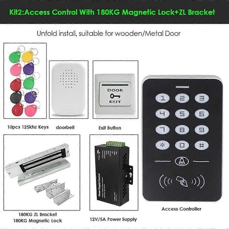 Kit de système de contrôle d'accès pour porte unique, lecteur de cartes, clavier, kit de contrôleur d'accès (180 kg), serrure électronique, alimentation, kit de clé intelligente (2 kits)