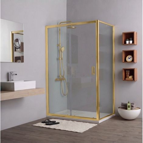 Porta Doccia Oro Spazzolato 130 Cm Con Anta Fissa E Scorrevole + Lato Fisso 70 Cm City (1/5)