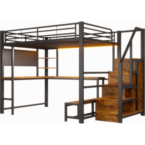 Cama alta 140 x 200 cm con escritorio, USB/USB-C, panel perforado, estantes, LED, negra (1/5)