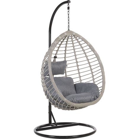 Silla colgante de ratán gris con estructura metálica interior-exterior forma de huevo estilo boho Tollo (1/5)