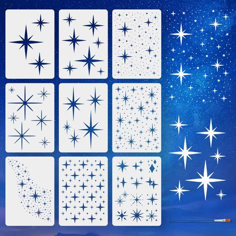 9 Pochoir de Peinture Étoile Grand Format Avec Pinceau 21x29.7cm 9 Styles Motif Étoile Scintillante Galaxie Voie Lactée Décoration DIY pour Peinture sur Bois Mur Tissu Meubles (1/5)