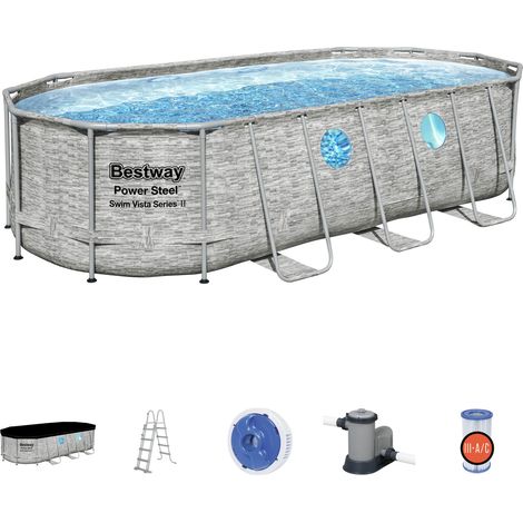 Piscina Desmontable Tubular Bestway Power Steel Diseño Piedra 549x274x122 cm Depuradora Cartucho 5.678 L/H Cobertor y Escalera (1/5)