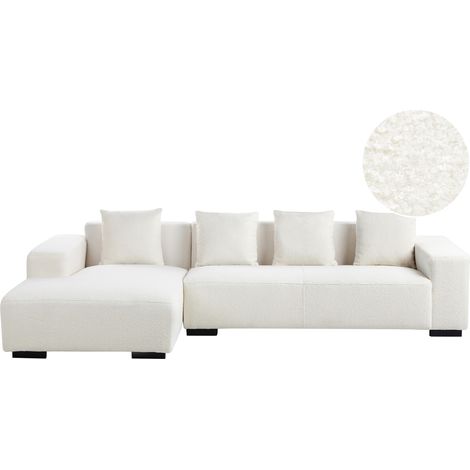 Sofá esquinero en forma de L con cojines 4 plazas de bouclé blanco derecho Lungo (1/5)