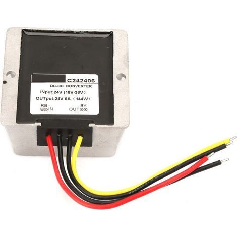 Module régulateur de tension pour véhicules industriels : convertisseur élévateur/18-36V à 24V, sortie stable haute puissance, indice de protection IP68 (étanche), boîtier en aluminium (6A).
