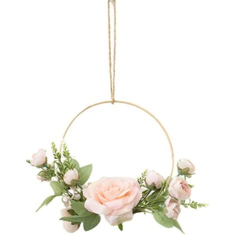 Couronne murale dorée, décoration florale artificielle, cercle métallique, guirlande de roses roses (teinte rose) (1/2)