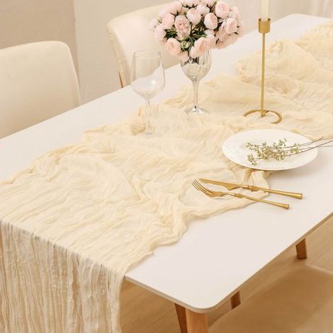 Tischläufer aus beigefarbenem Gazestoff, 90 x 300 cm Weiches Netzgewebe im Boho Stil Für Ostern, Hochzeiten, Geburtstage, Babypartys, als Dekorat (1/5)