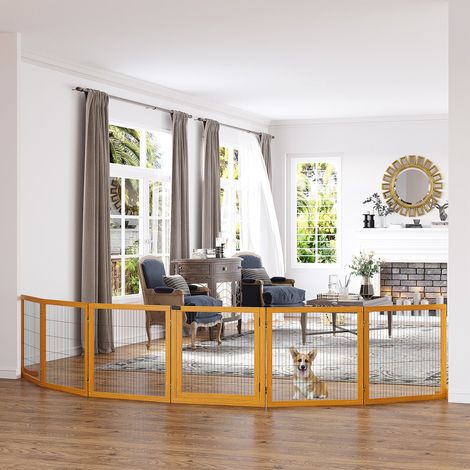 Barrière pour Chiens Petite/Moyenne Taille en Bois et Acier, 6 Panneaux Pliables, 432x36x70cm (1/5)