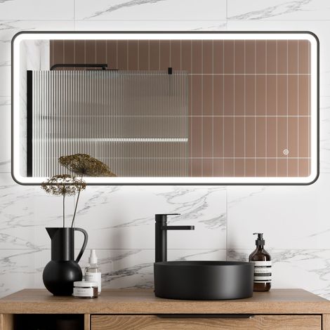 Aquari Large Rectangular LED Mirror Touch Bathroom Demister Mains Matt Black 1200x600mm (1/4)