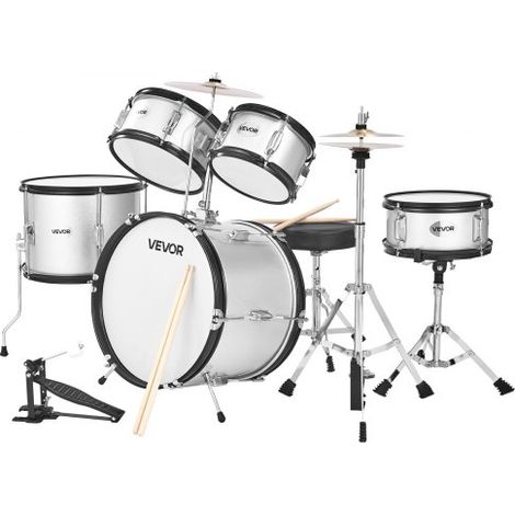 Schlagzeug Set, 5-teilig, inkl. 40,6 cm Basstrommel, 25,4 cm Snare, 20,3 cm & 25,4 cm Tomtoms, 33 cm Standtom, 25,4 cm Crash-Becken & 20,3 cm Hi-Hat, für Kinder von 6–13 Jahren Silber