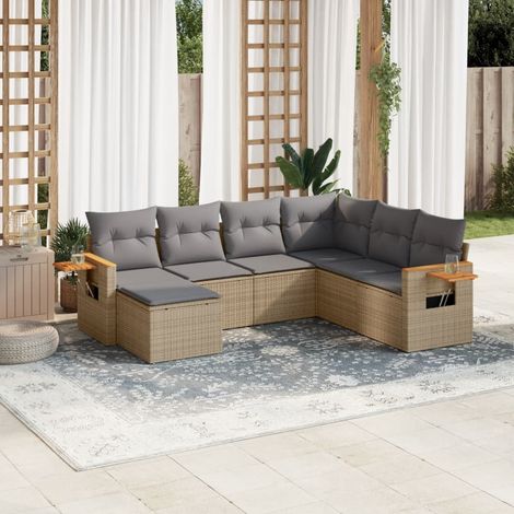 7-tlg. Garten-Sofagarnitur mit Kissen Beige Poly Rattan (1/3)