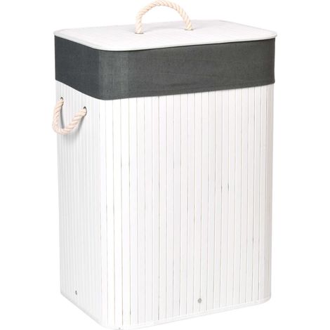 Cesto portabiancheria in bambù con coperchio, 80 litri, bianco e grigio