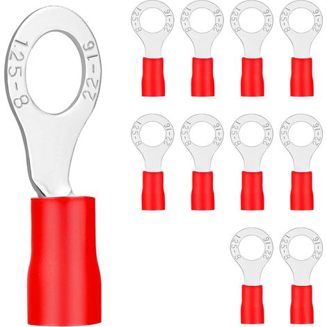 20x Red Eyelet Terminals 0.5-1.5 mm², Hole Ø M8, Crimp Cable Connectors, Partially Insulated PVC, Tinned Copper Cable Connectors (1/5)