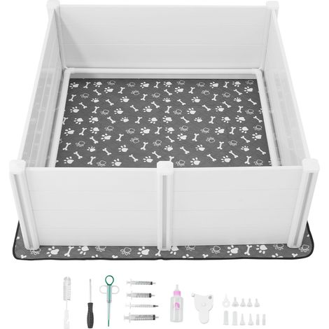 Boîte de mise bas pour chien, 60 x 60 x 24 cm, en PVC plastique avec porte réglable en hauteur et coussin absorbant lavable, anti-déformation, pour races très grandes, blanc cassé (1/5)