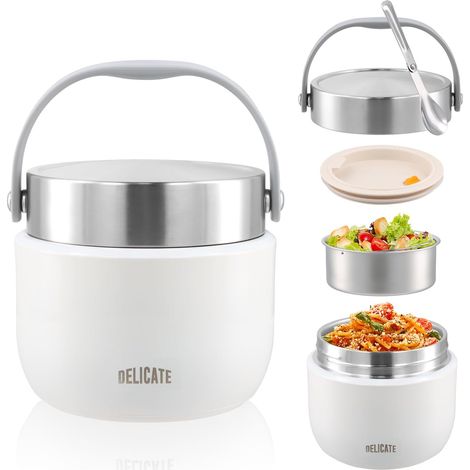 Thermos Alimentaire Chaud 1200ml, Récipient Inox avec Cuillère Pliable, Bol Isotherme Anti-Fuite avec Couvercle, Boîte Repas Thermique pour Soupe, Bureau, École, Voyage (Blanc) (1/5)