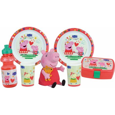 Lot vaisselle - FUN HOUSE - PEPPA PIG - 2 assiettes creuses Ø 22 cm, 2 verres 220 ml, gourde 350 ml, boîte a goûter et peluch (1/5)