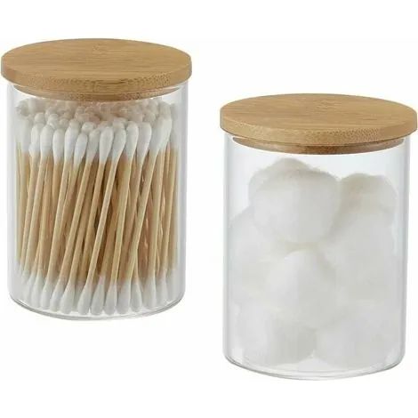 Ensemble de 2 bocaux en verre avec couvercles en bambou, coussinet rond en coton pour le rangement des accessoires de salle de bain, décoration de salle de bain de style campagnard, décoration de sall (1/3)