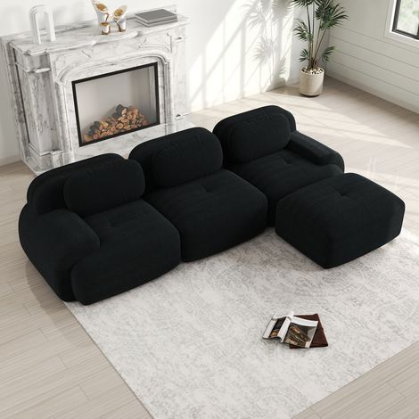 Divano Angolare 298x178x75 cm, Modulare, 3 Posti, Seduta in Schiuma 32D, Braccioli Larghi, Rivestimento Velluto a Coste Nero (1/5)