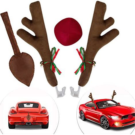 Corna di cervo natalizie in peluche per auto - Decorazioni per auto - Corna di cervo per auto marrone scuro con coda